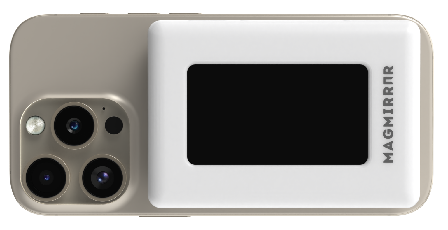 MagMirror product render showing the MagSafe attachment face and rear mirror display