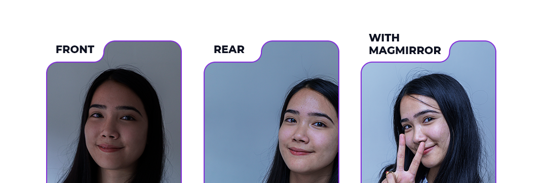 Three selfies of the same creator in the same room — front camera (grainy, flat light), rear camera (sharp 4K), and with MagMirror (sharp, lit, framed)
